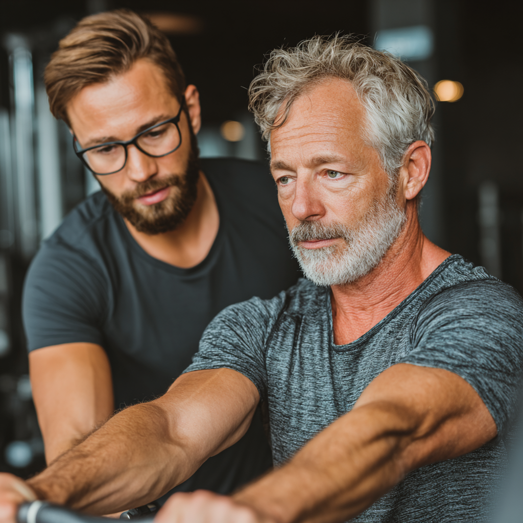 Professional fitness trainer working with middle-aged male client in modern gym, showing personalized exercise technique with focus and care